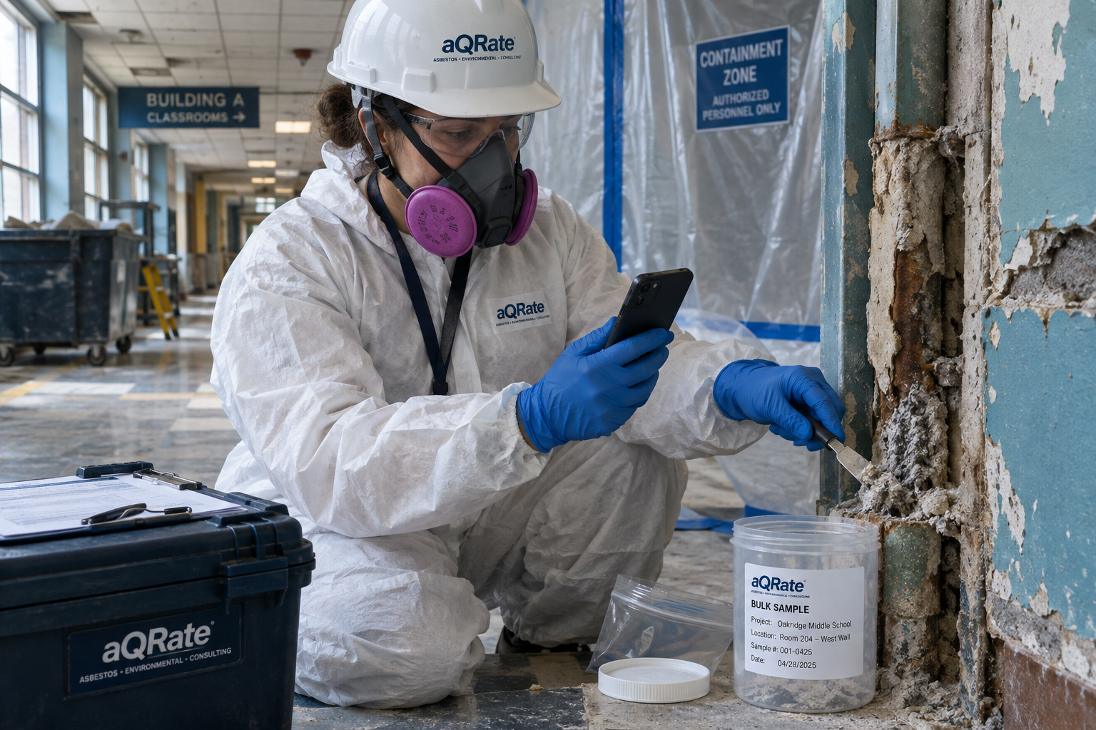 State-certified asbestos inspector in a respirator and Tyvek suit collecting a bulk sample of suspect pipe insulation for an asbestos survey